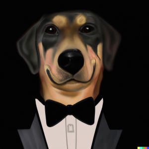 A handsome dog wearing a black tuxedo, standing on a wooden floor with a serious expression.